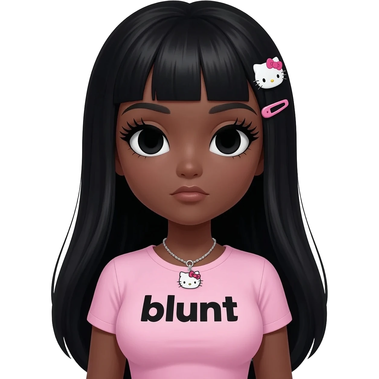 Long giant lashes, my melody hairclip, Doll faced shaped, hello kitty necklace, bimbo, black doll eyes, barbie, dark brown skin with long black hair, light pink bimbo shirt says "blunt" , big breast emoji