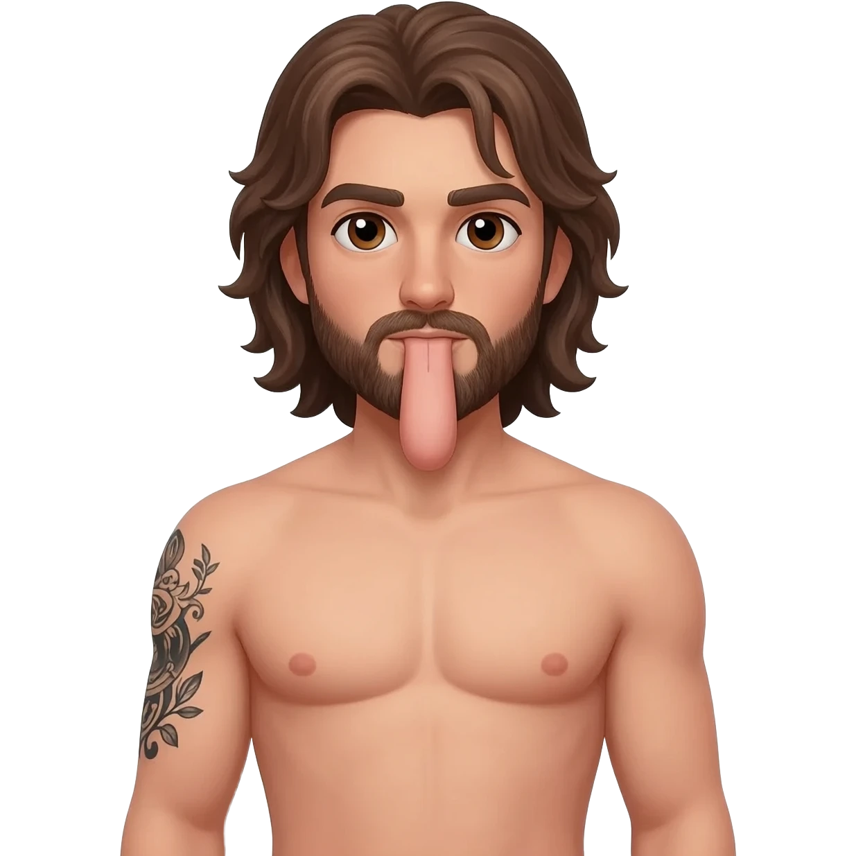 Male brunette, brown eyes beard, long hair, tattoo, arm sleeve fully body nude with a 20 inch long penis emoji
