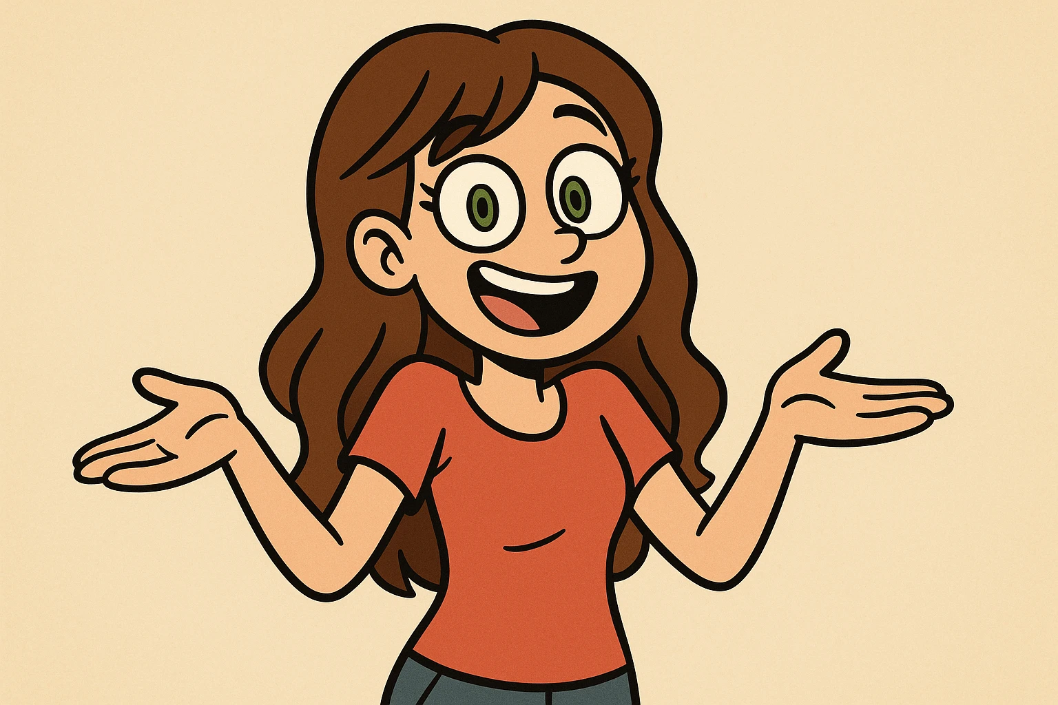 cartoon girl with long brown wavy hair, green eyes, shrugging, cheerful expression, upper body, simple background emoji