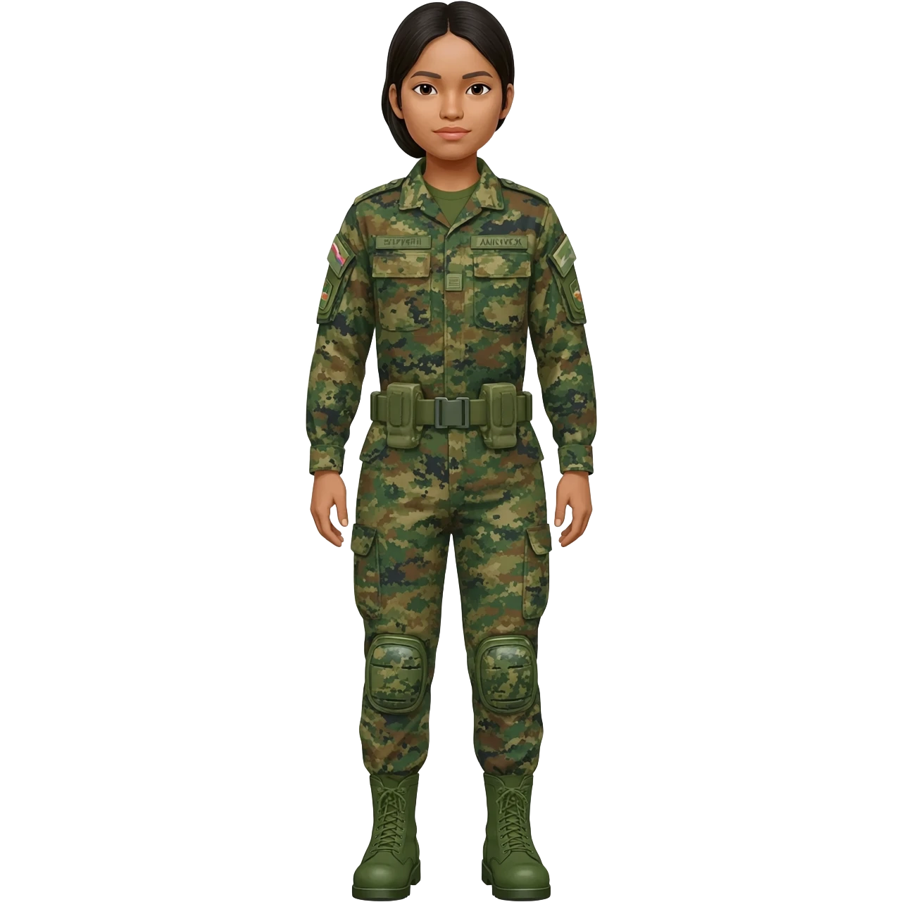 Filipino female army soldier bdu camo with green combat boots without plate carrier and without wear belt without knee pads long sleeve emoji