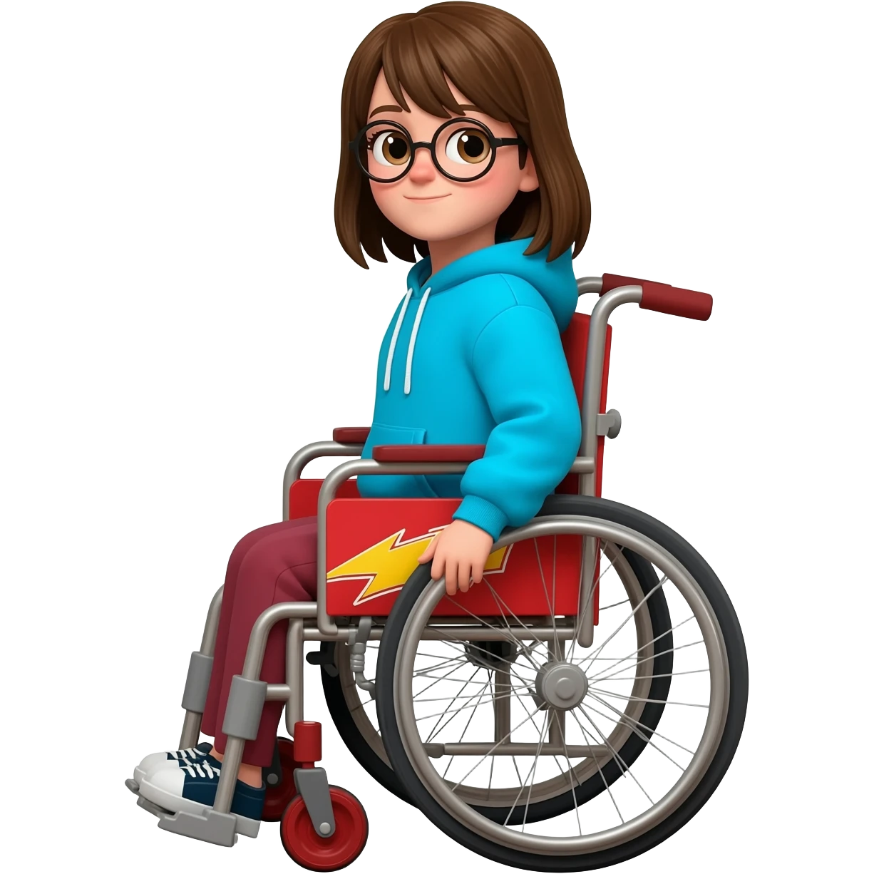 Brown hair girl with circle glasses in a rayo McQueen wheelchair, the wheelchair funnier, more similar to rayo mqeen emoji