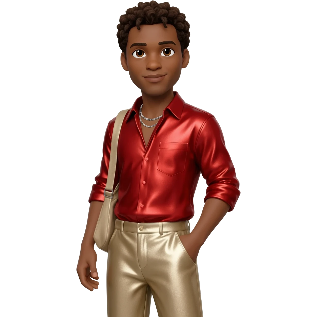 Kevin Miles as Jake from State Farm (African American Actor) with brown eyes, dark brown hair, red metallic shirt, beige metallic baggy pants, silver necklace emoji
