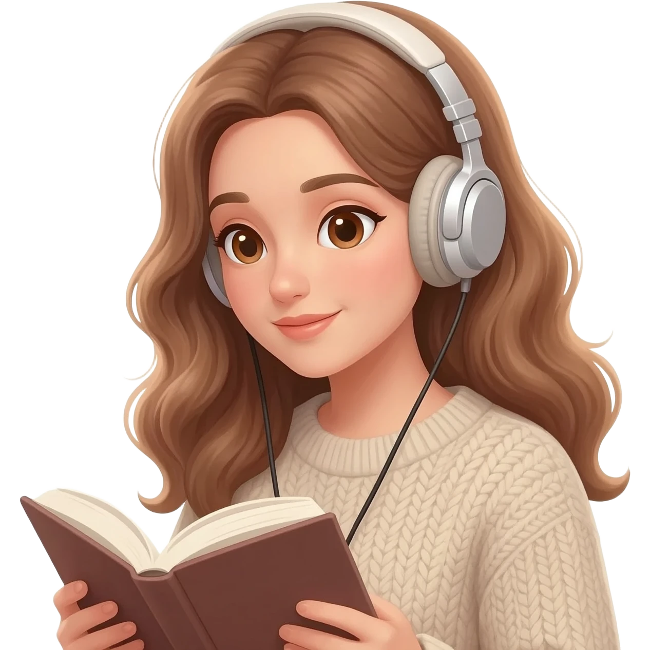 emoji a woman with long light brown wavy hair and light brown eyes reading a book, wearing headphones emoji