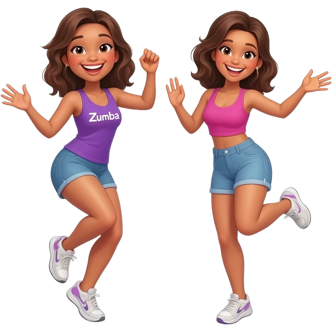 Smiling white women dancing Zumba against a background of confetti emoji