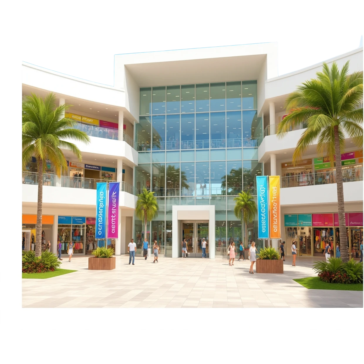 A modern shopping mall with large glass windows, sleek white and beige exterior, multiple floors visible, palm trees outside, colourful banners, busy entrance with shoppers, sunlight reflecting off the building, tropical, clean, inviting, vibrant, slightly cartoonish style emoji