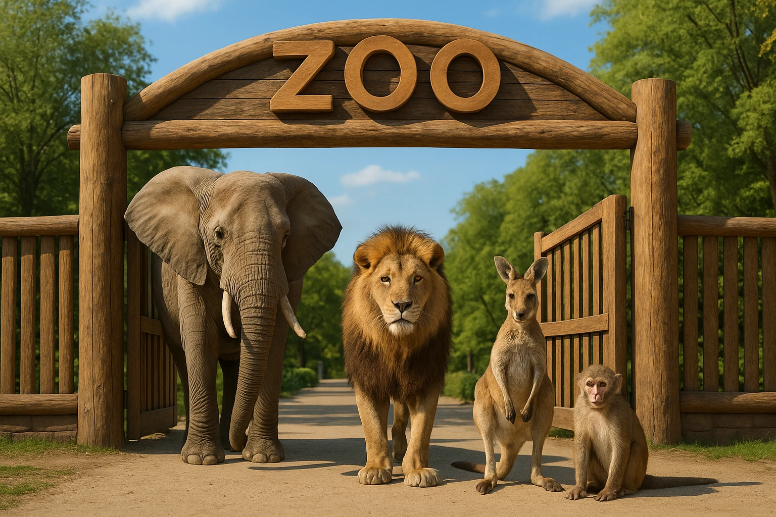 zoo entrance made of wood with the word 'zoo' on it, four realistic animals: elephant, lion, kangaroo, monkey standing by the open gates, animals look like real animals, not stylized or cartoonish emoji