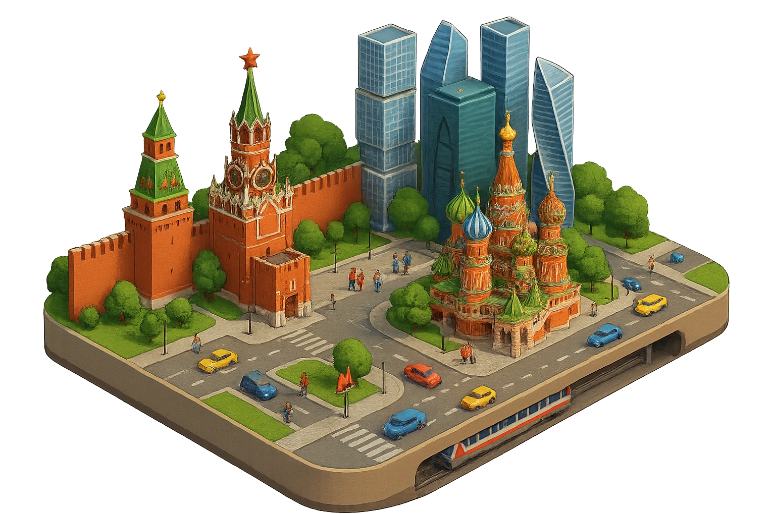 Изометричная миниатюрная 3D модель Москвы на подставке - фотореалистичный Кремль, собор Василия Блаженного, фотореалистичный Башни Москва-Сити, аккуратная детализация, четкие линии, яркие цвета, мультяшный реализм, гуляют люди и современный автотранспорт и метро, компактная композиция, вид сверху в изометрии, прозрачный фон emoji