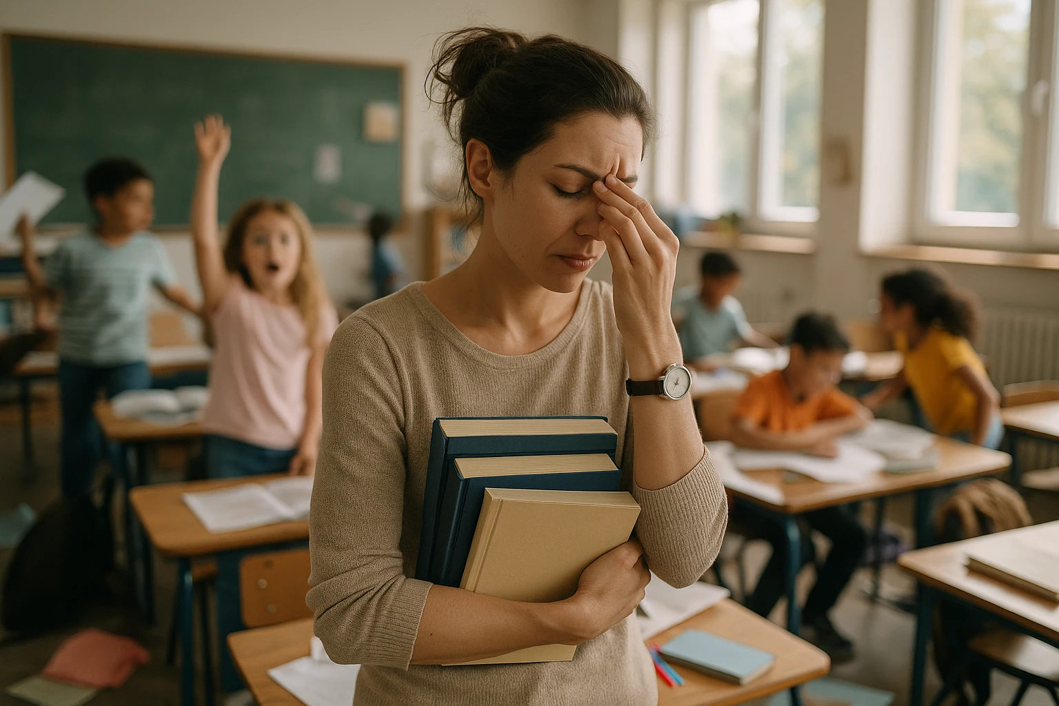 photograph of exhausted teacher in a bustling classroom emoji