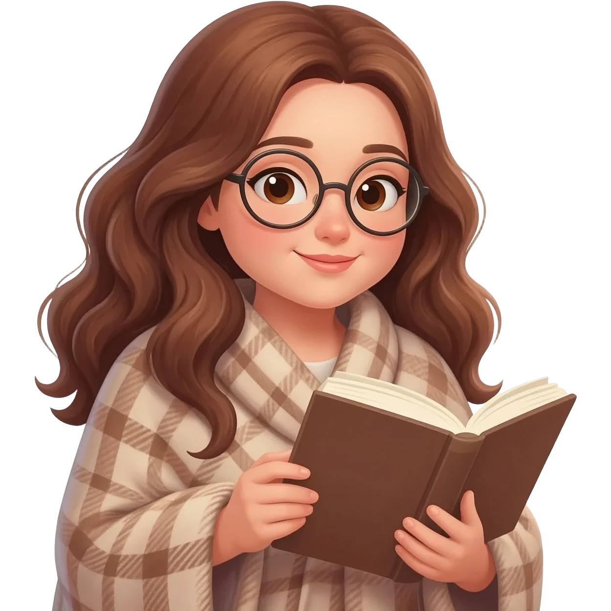 detailed emoji illustration of a curvy woman with long chestnut brown wavy hair, light brown eyes and round glasses, wrapped in a cozy plaid blanket and reading a book, calm peaceful expression, soft warm lighting, cute emoji style emoji