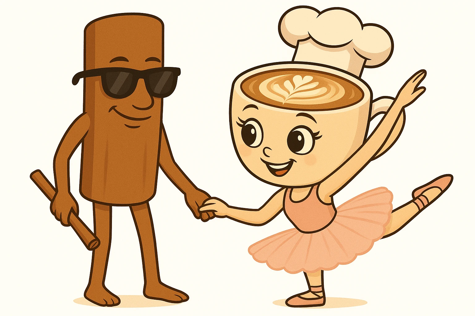 Add a chef hat to the coffee cup character and sunglasses to the cinnamon stick character in the same quality and style as the original image. emoji