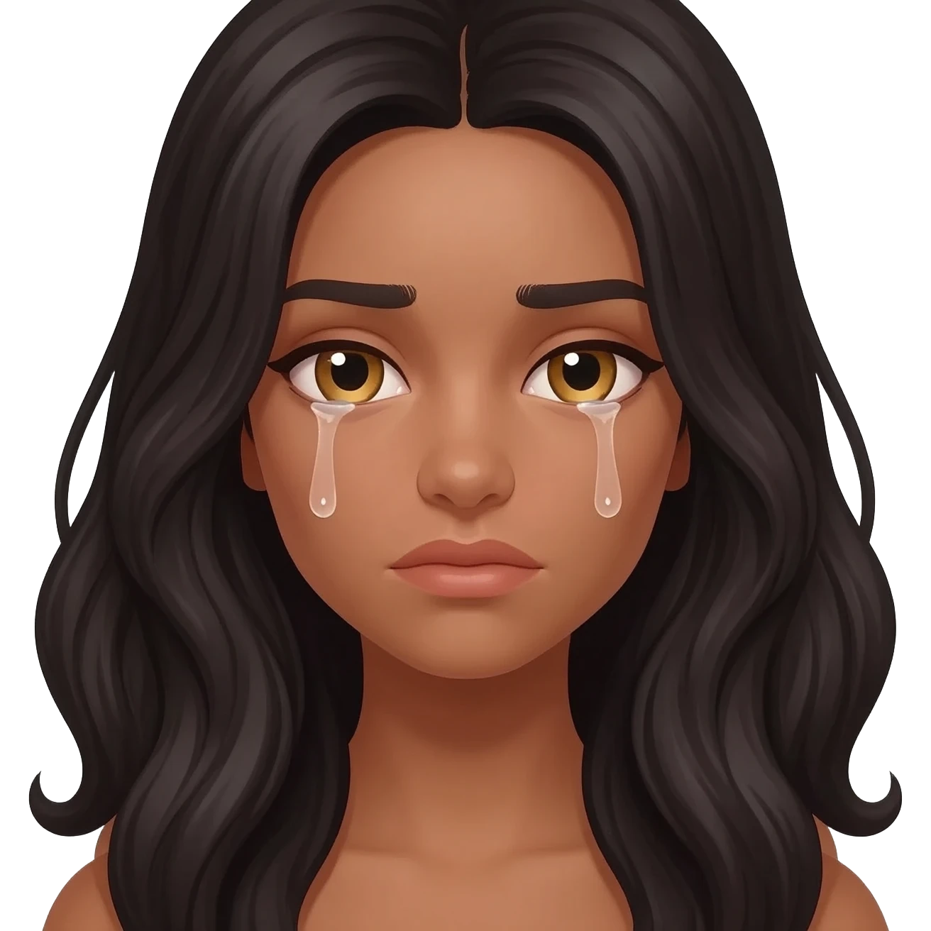 She has light brown skin, long wavy black hair, and golden-brown eyes.She has a very sad expression crying with downcast eyes and a slight frown. emoji