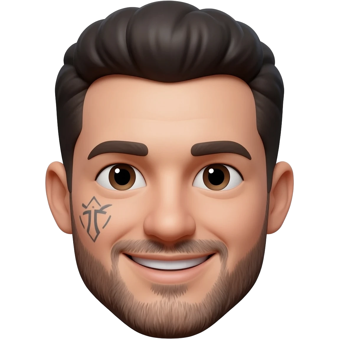 recorte de cabeça masculina sorrindo, rosto realista, pele clara, cabelo curto escuro, barba curta, pequenas tatuagens no rosto abaixo dos olhos, expressão amigável, iluminação suave, fundo transparente, estilo recorte PNG, cabeça centralizada, alta definição, fotografia realista emoji