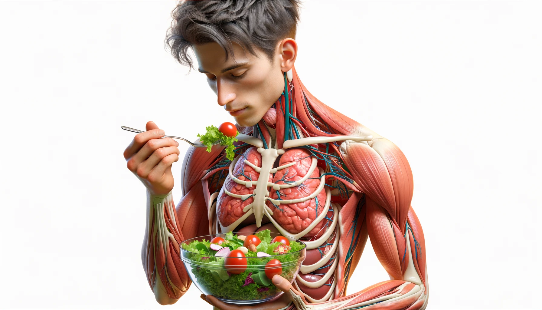 corpo umano anatomico con capelli corti che mangia un insalata con espressione serena in volto, organi sani in evidenza, iperrealistica 4k, isolato su sfondo bianco emoji