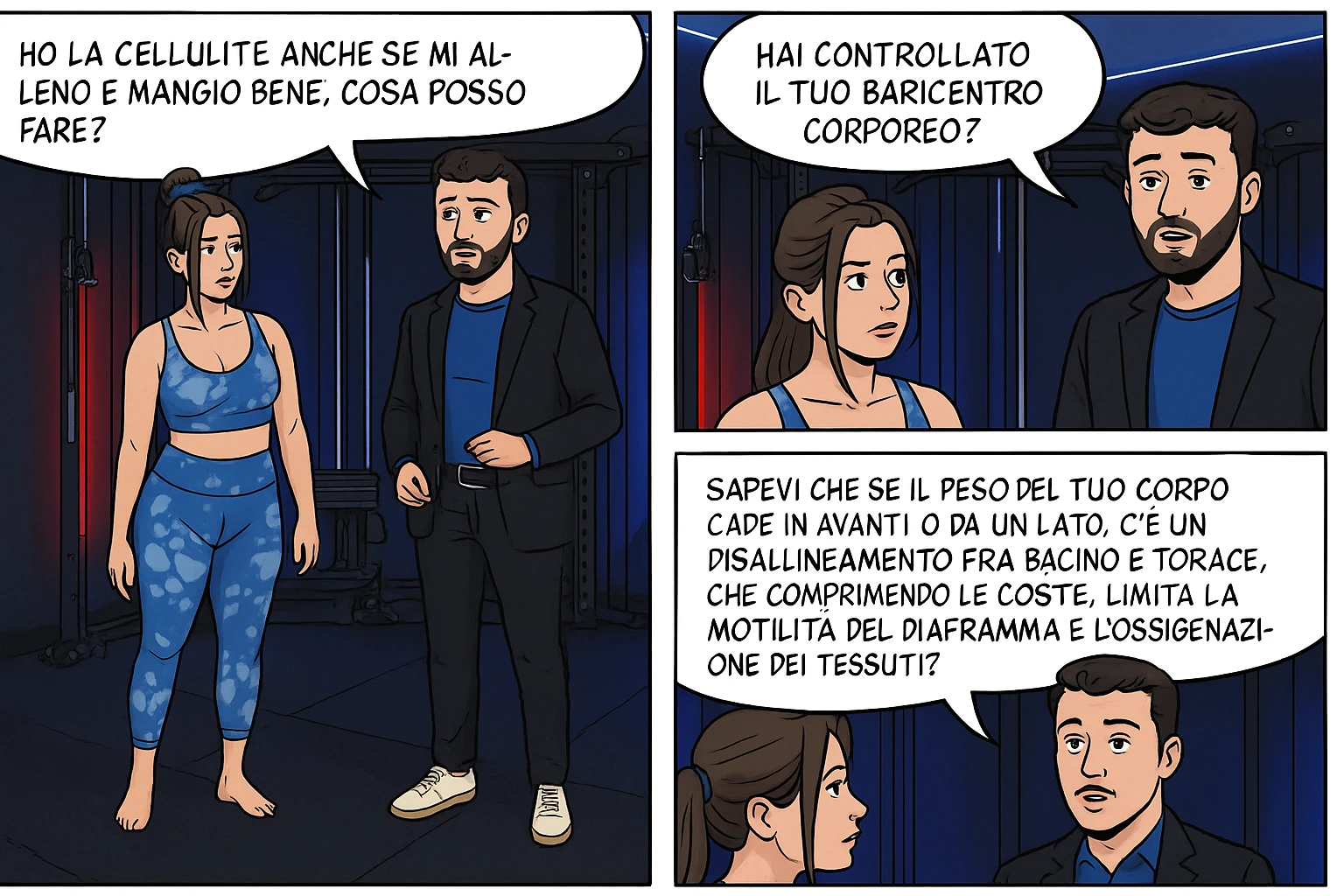 TRASFORMA QUESTO CAROSELLO IN UN FUMETTO CON QUESTE DUE PERSONE IDENTICHE CHE INTERLOQUISCONO TRA LORO:

LEI: Ho la cellulite anche se mi alleno e mangio bene, cosa posso fare?

LUI: Hai controllato il tuo baricentro corporeo?
Sapevi che se il peso del tuo corpo cade in avanti o da un lato, c’è un disallineamento fra bacino e torace, che comprimendo le coste, limita la motilità del diaframma e l’ossigenazione dei tessuti?
Il mio è il primo e unico percorso che lavora sugli inestetismi con un lavoro mirato sul baricentro corporeo. emoji