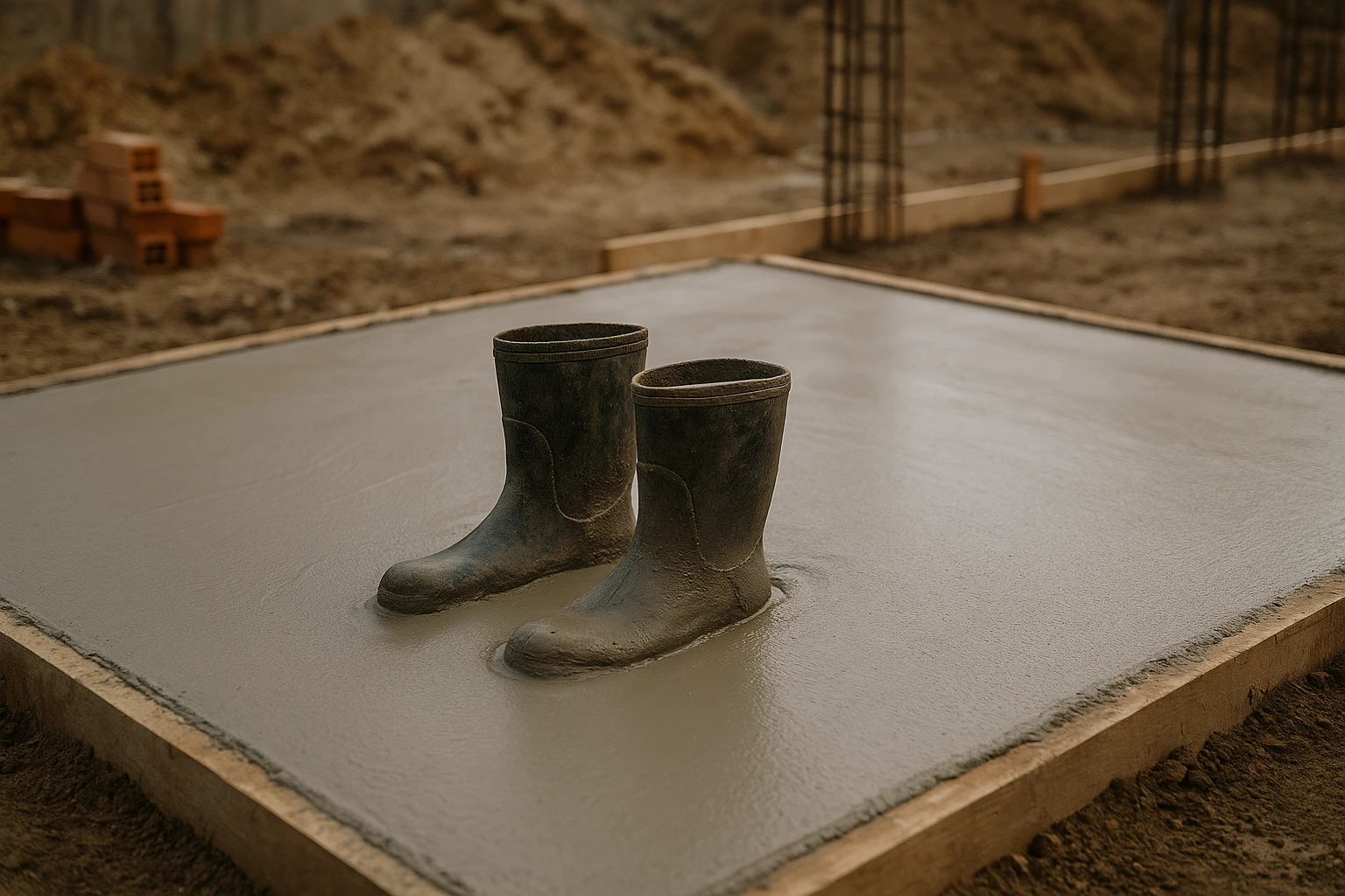 На строительной площадке видно застывший влажный бетон, он ровный и аккуратный залит как фундамент. В центре — пара старых резиновых сапог, частично утонувших и застывших в цементе, будто кто-то случайно оставил их там emoji