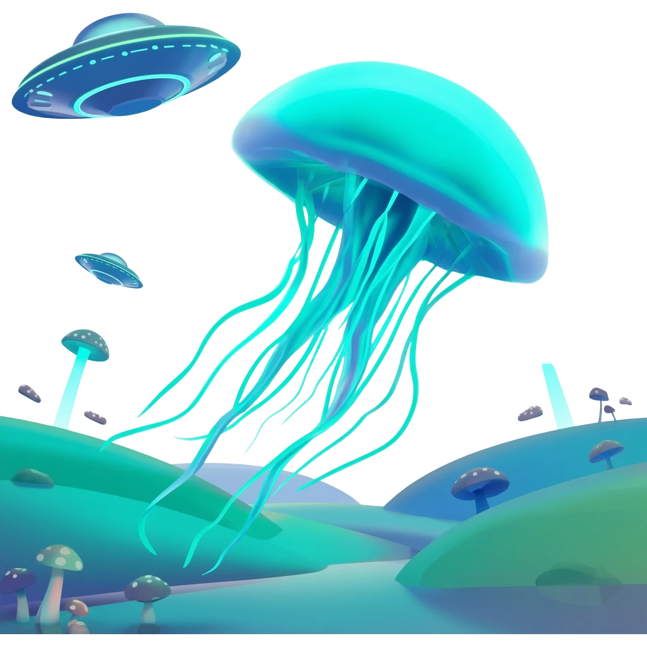 extraterrestrial futuristic otherworldly cyan bioluminescent neon-glowing aesthetic scenery jellyfish flying saucers UFOs mushroom emoji
