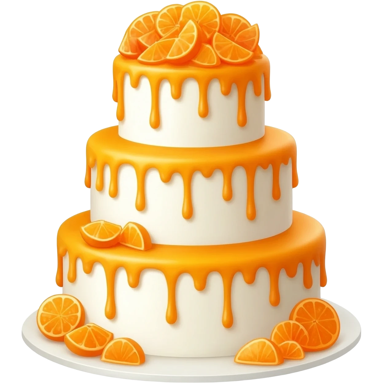 Elegant white wedding tiered caked decorated with candied oranges dripping orange icing emoji