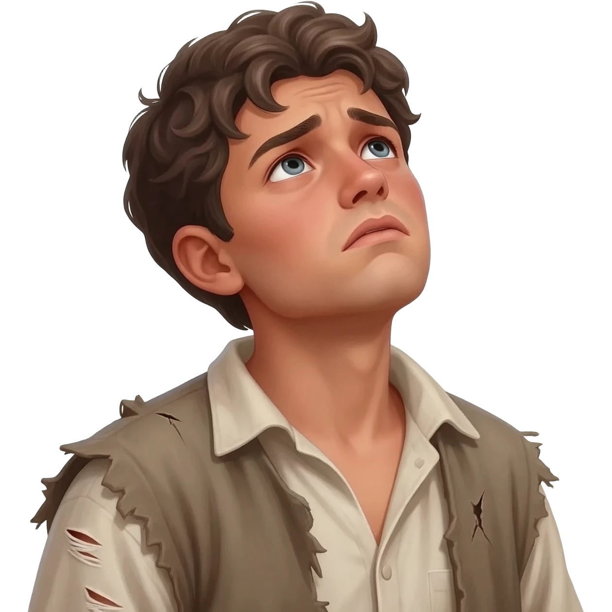 парень смортит на небо с надеждой  в рваной одежде растроенный и одинокий  ,  времена древнего иерусалима emoji