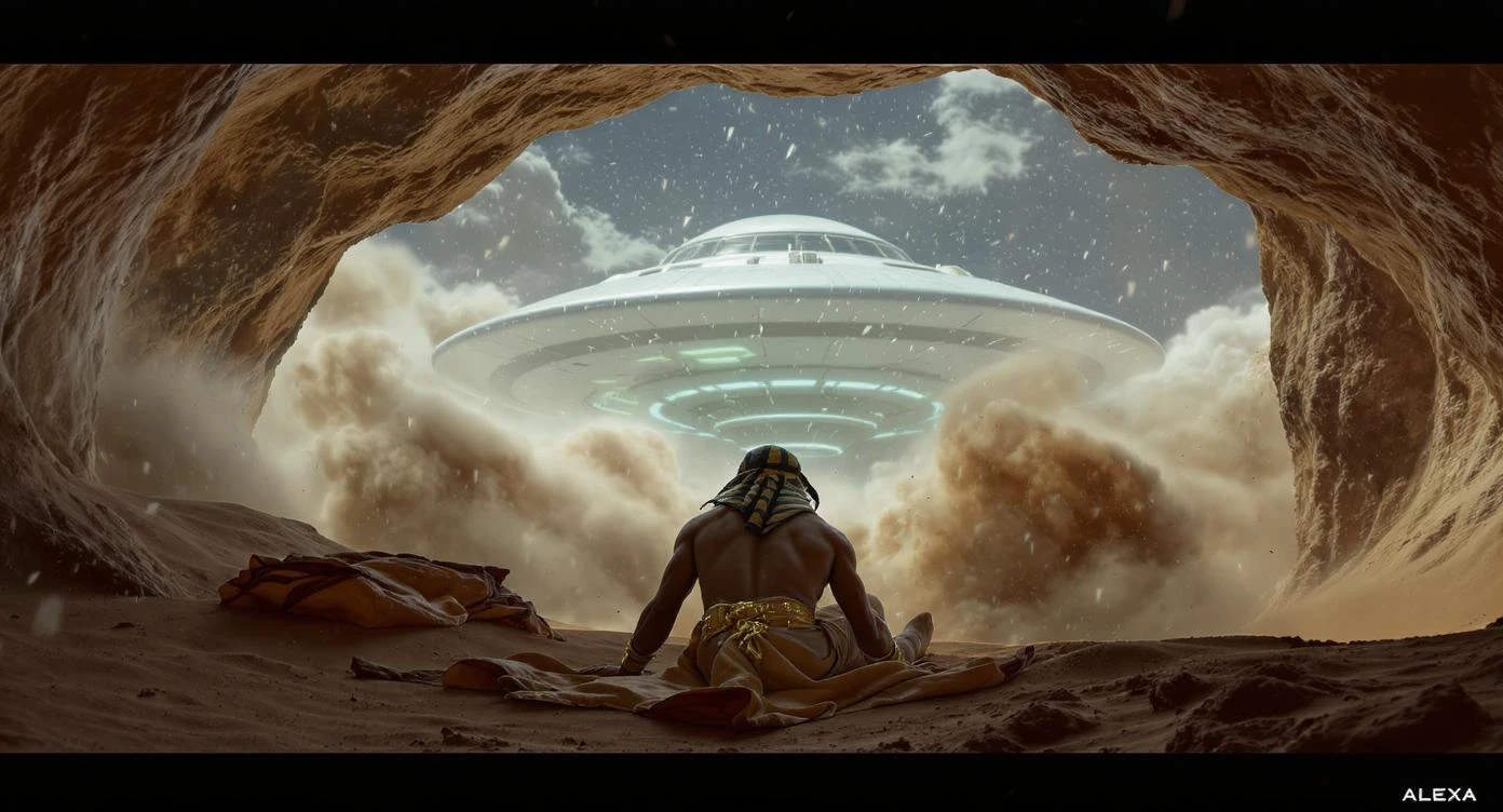 cinematic still, documentary photography, acient egypt, back shot of a man dress in ancient clothes in cave (frame in frame effect) on ground laying front of ufo starship, sand flying around, dynamic scane, leading lines, captured by arri alexa, depth layers emoji