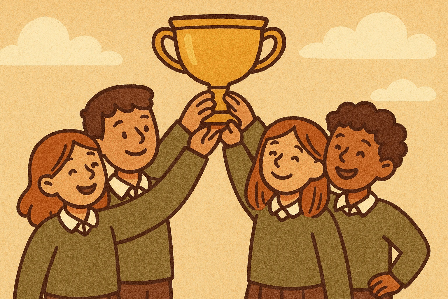 four students lifting a trophy, warm atmosphere, flat design style, warm colors, happy expressions emoji