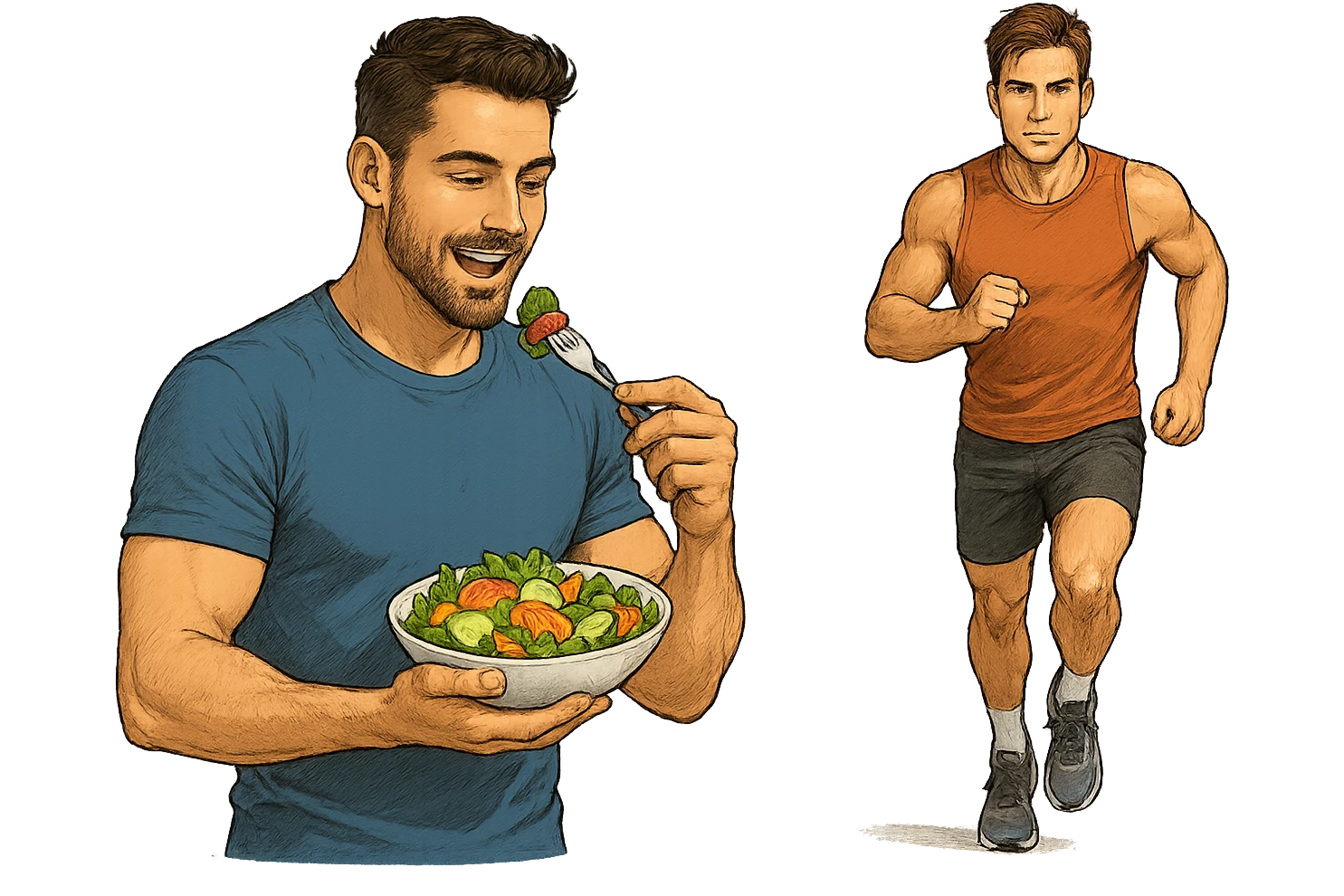 UOMO FITNESS CHE MANGIA INSALATA ACCANTO A UOMO FITNESS CHE CORRE IN POSA FRONTALE emoji