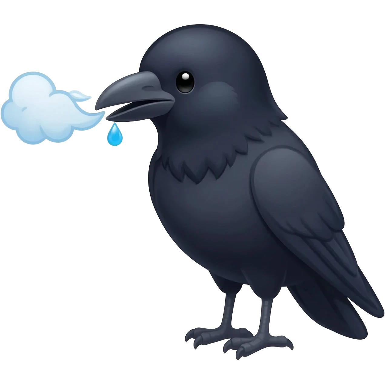 The raven looks forward, its head slumped slightly, letting out a long, cartoon wind gust cloud from its beak. A single teardrop icon or "sigh" text is visible. emoji