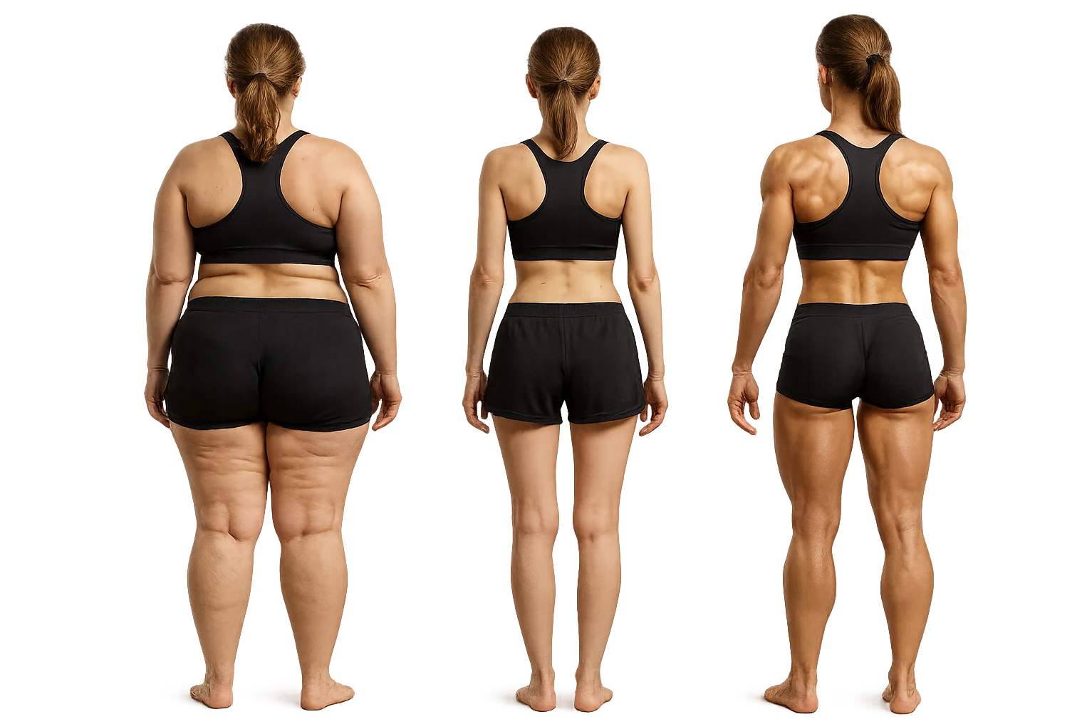 fai una donna di spalle in gym shorts leggermente sovrappeso e con cellulite e accanto una seconda donna di spalle magra (che è dimagrita post dieta) e accanto una terza donna in forma allenata e con le giuste proporzioni, l'immagine deve rappresentare il processo: da donna grassa, a donna piatta e magra, a donna allenata e in forma con i giusti muscoli, iperrealistico 4k emoji
