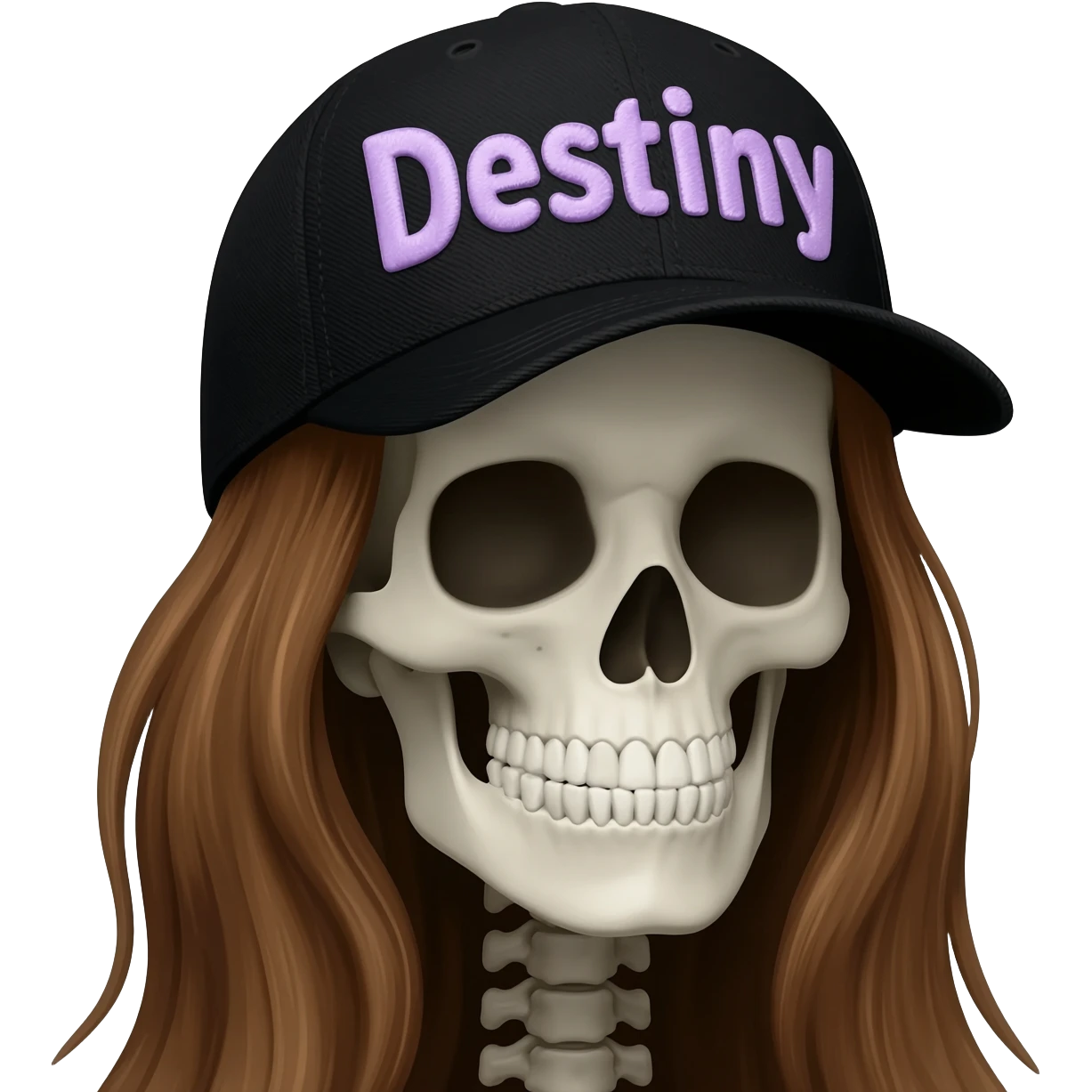 Create a skeleton head wearing a black baseball cap that says "Destiny" in lavender lettering, with long brown hair emoji