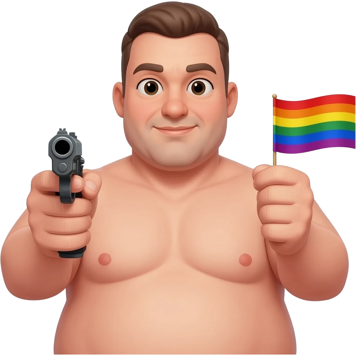 Can you make a fat, naked man holding a gun and a pride flag in the other hand? emoji