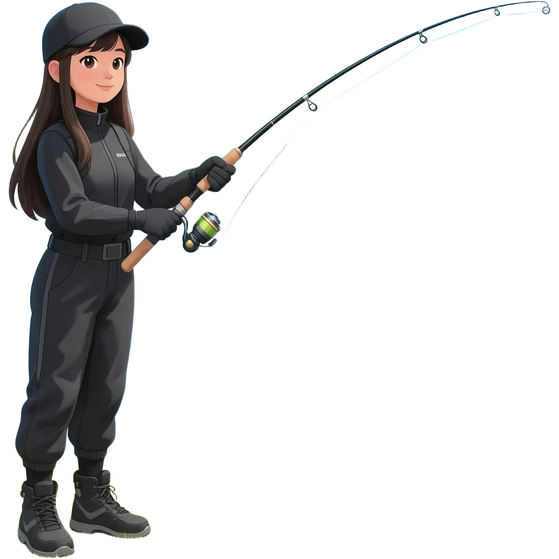 Long haired Lilly asian girl dressed in black fishing emoji