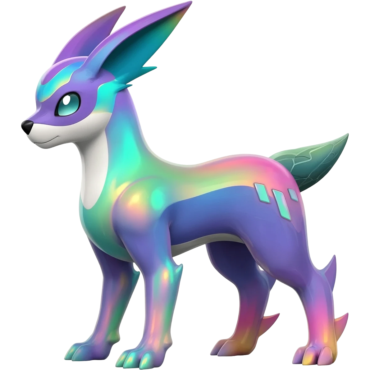 Colorful Pastel Iridescent-gradient Futuristic Modern Epic Legendary Shiny Cyber-Suicune-Dialga-Lugia-Reshiram-Creature, (full body) emoji