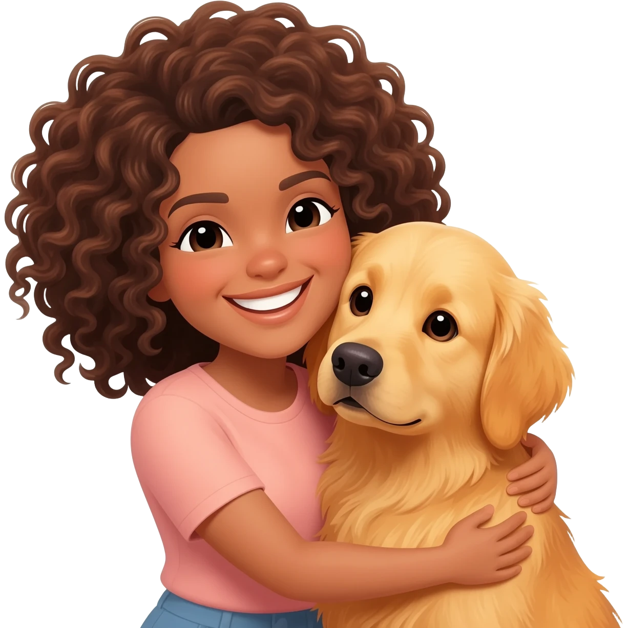 woman using tight brownhair is hugging a golden retriever dog emoji
