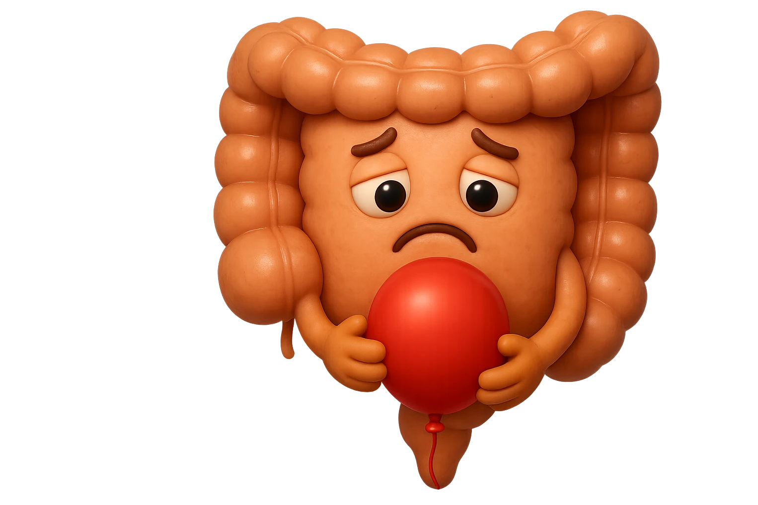 EMOJI STILE IPHONE DI un intestino triste con palloncino rosso sulla pancia, IPERREALISTICO 4K emoji