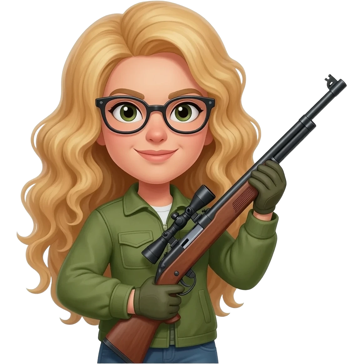 Green hunting woman with glasses and long blonde curly hair carrying a rifle emoji