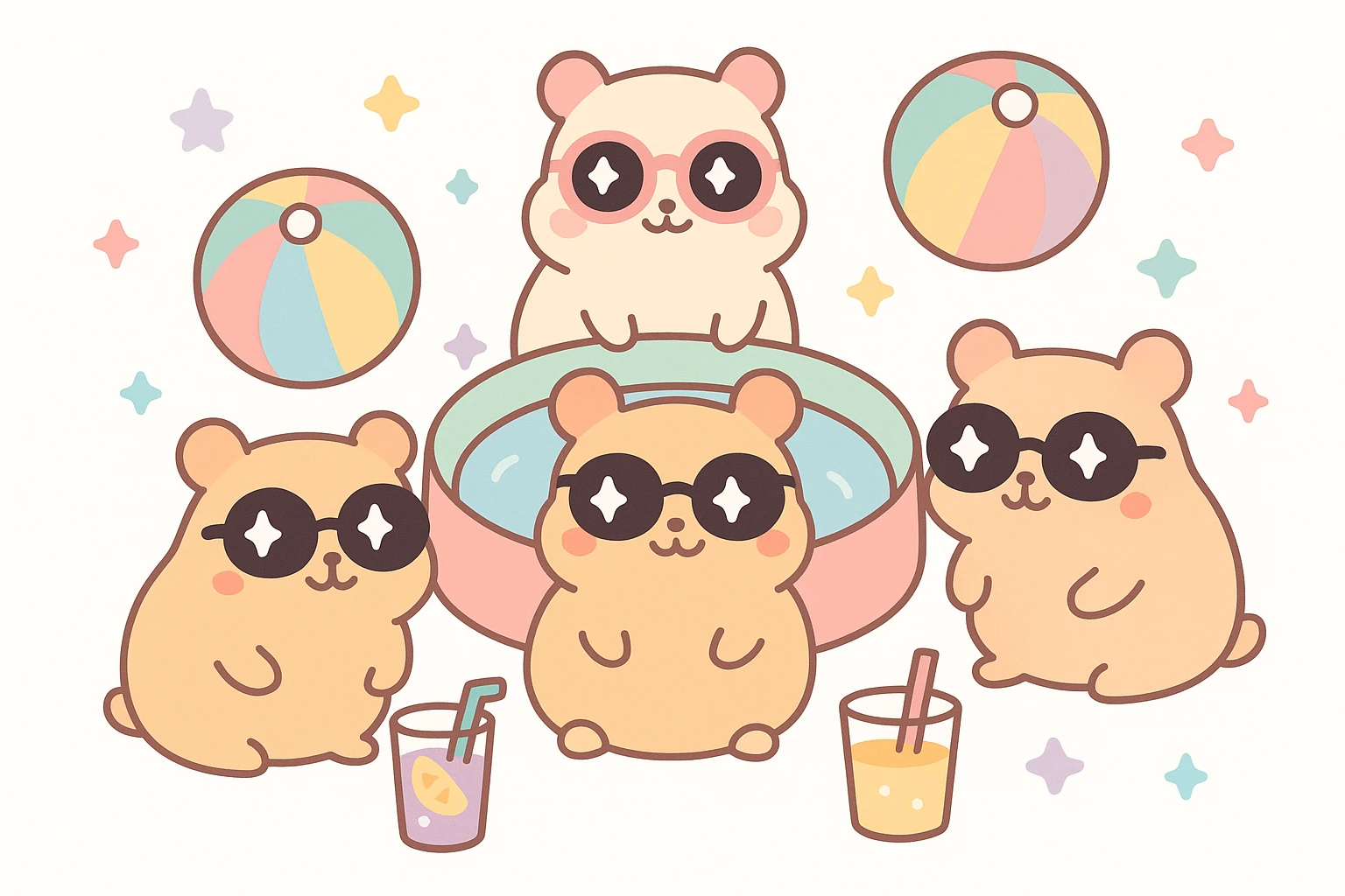 hamsters in sunglasses at a pool party, with colorful beach balls and drinks, fun and festive atmosphere emoji