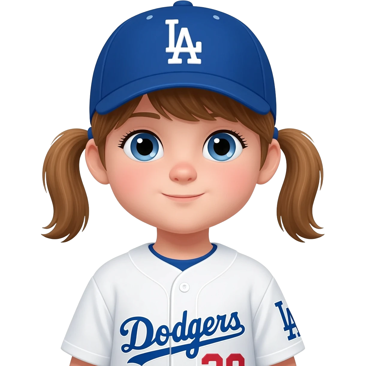 toddler girl in a white dodgers uniform with baseball cap with light brown pigtails and blue eyes emoji