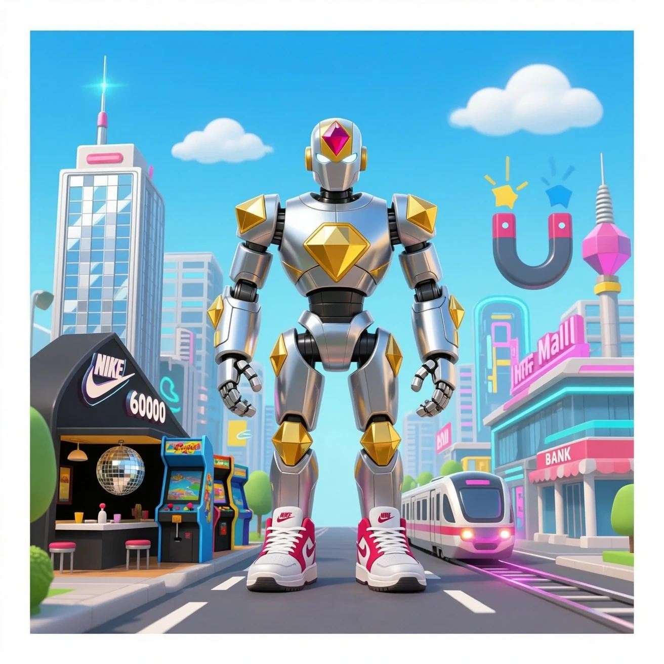 Futuristic turbo neon super robot metal  golden diamond Ruby 6000 Nike shoes hotel super 50000 metallic silver mirror basic black restaurant disco ball arcade playground lucky machine turbo max level inf mall bank light magnet magic city train emoji