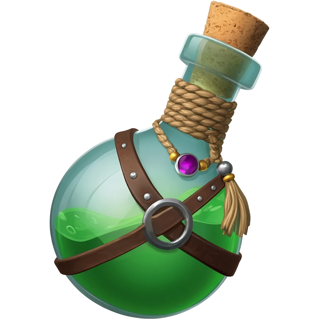 an empty round potion bottle a little rotated with a cork and decorations on the bottle like ropes and belts and random stuff emoji