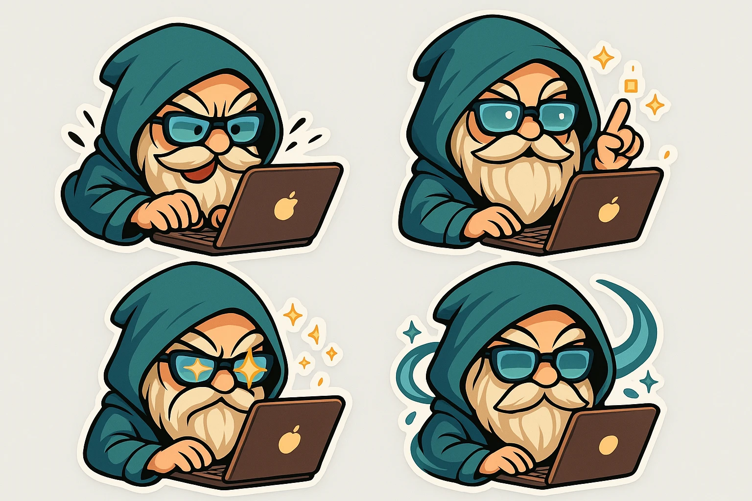 Create four animated emoji variations inspired by the wizard in the reference image: 1) wizard typing rapidly on a laptop with bold and expressive style, 2) wizard casting a digital spell from the laptop with magical effects, 3) wizard's sunglasses flashing with dynamic light, 4) wizard surrounded by swirling magical energy. The style should be bold, expressive, and suitable for animated emoji in chibi stickers style. emoji
