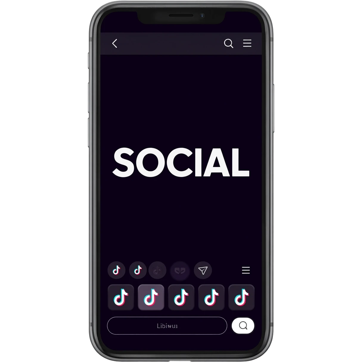 Full size smart phone with the word "SOCIAL" on the screen over a TikTok-like screen layout emoji