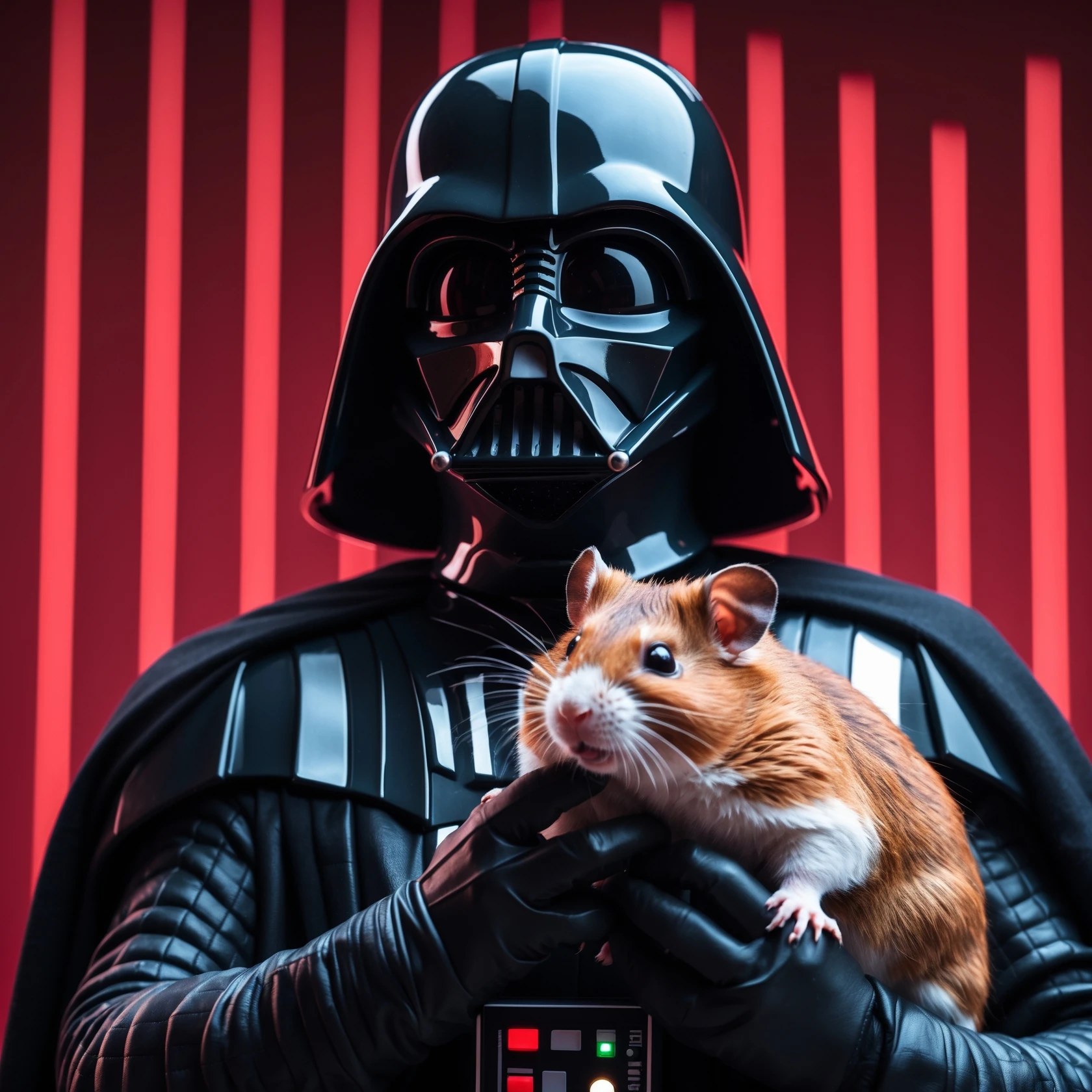 Extreme Closeup Photo of a darth vader holding big hamster, low key light, red solid background with leading lines, back light, spot light emoji