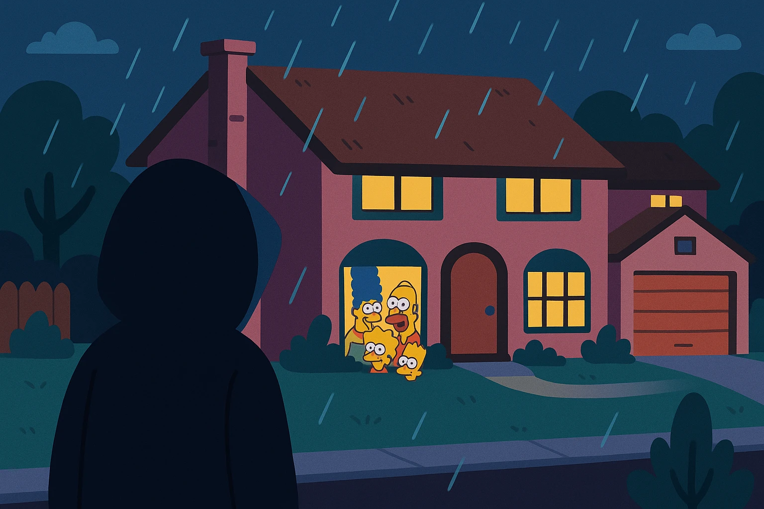 Springfield sous la pluie, la nuit. Une silhouette encapuchonnée observe la maison des Simpson. emoji
