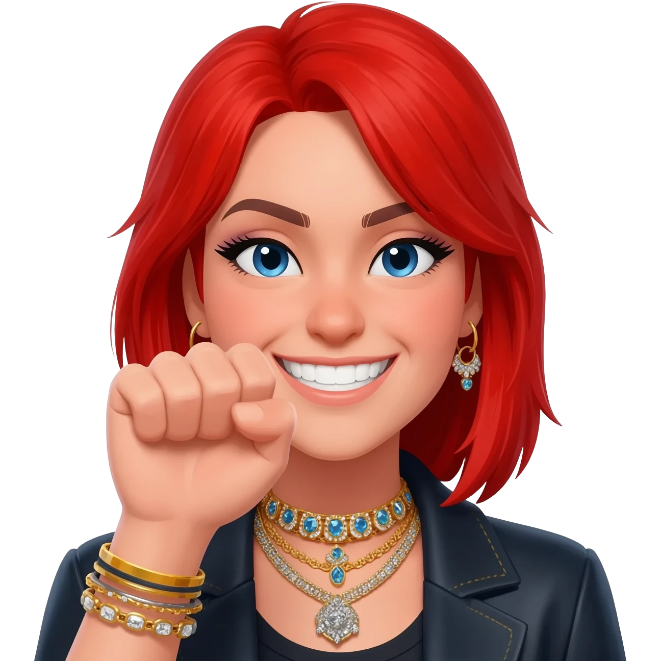 Not showing finger but fist on mouth and blowed mouth....she is red hair and tacky jewellery and cool....the hand is on her mouth and she is smirking and emoji
