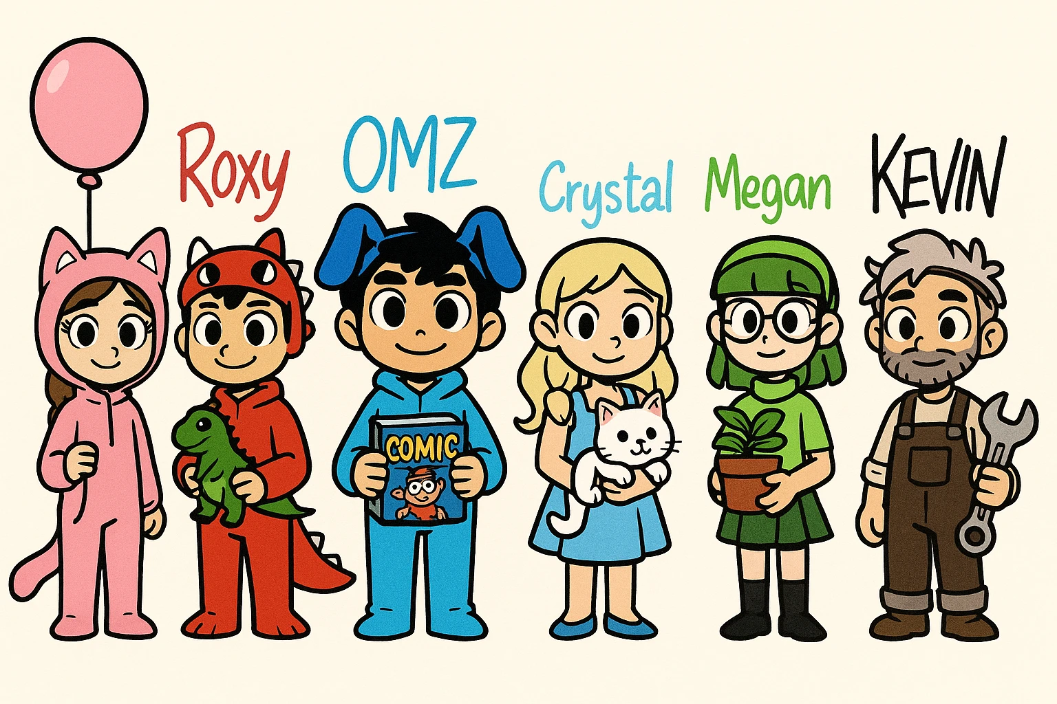 Keep the picture quality and style exactly the same as the reference image. Add the following props naturally with each character: Lily (pink cat suit) holding a pink balloon, Roxy (red dino suit) holding a small toy dinosaur, OMZ (blue dog suit) holding a comic book, Crystal (blue dress) holding a white cat, Megan (green outfit) holding a potted plant, and Kevin (brown overalls) holding a wrench. Ensure each prop is placed naturally and harmoniously with the character's pose and style. emoji