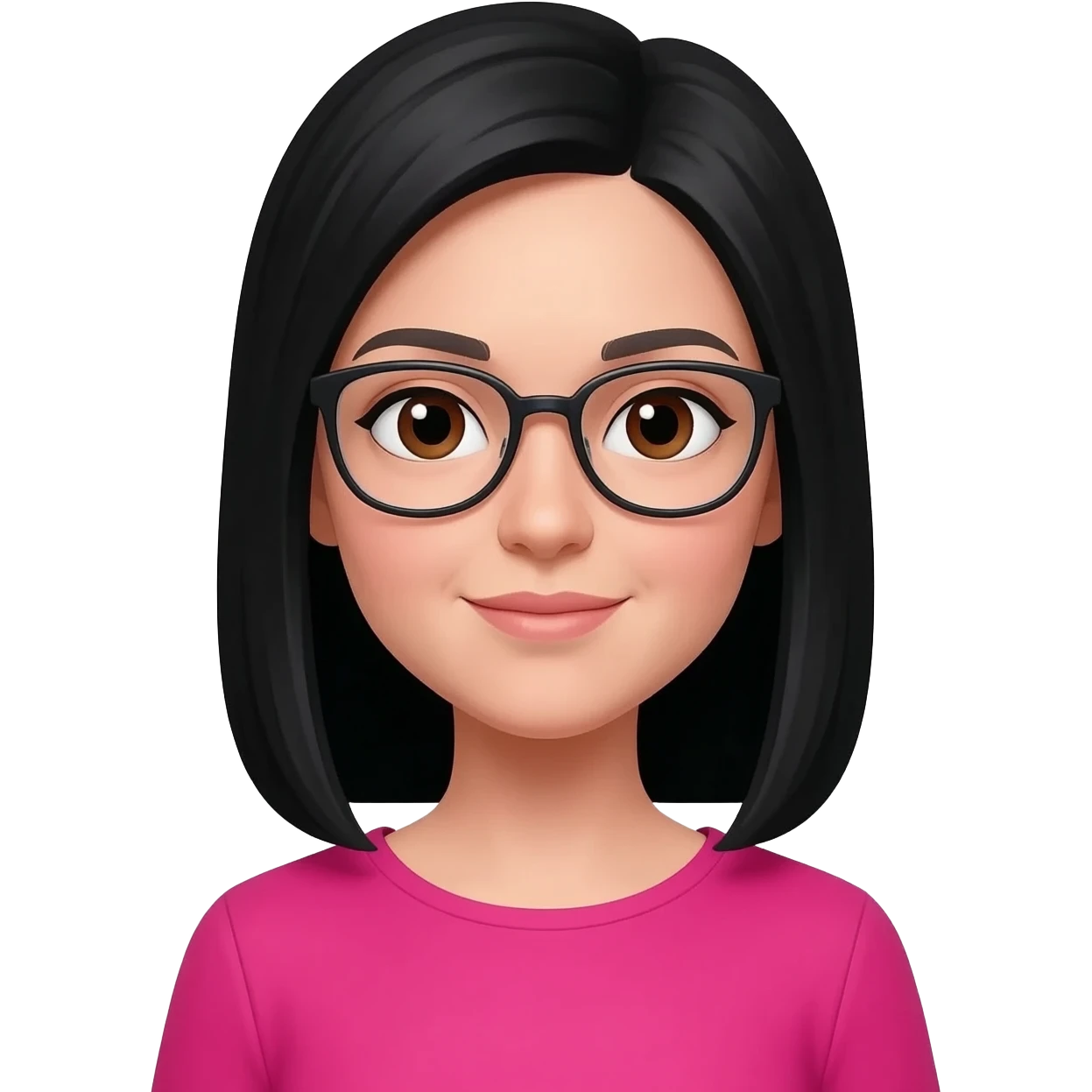 una mujer pelo liso negro   con lentes ojos cafe polera rosada fuccsia emoji