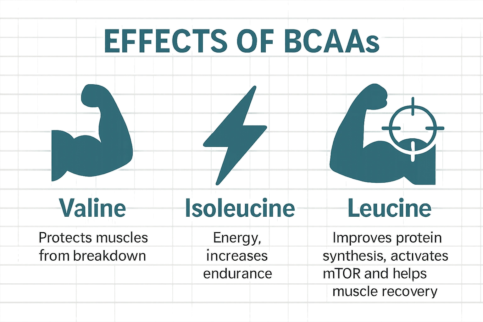 Create a beautiful infographic showing all the effects of BCAAs using symbols. 1 Valine - Protects muscles from breakdown. Isoleucine - Energy, increases endurance. Leucine - Improves protein synthesis, activates (mTor) and helps muscle recovery. emoji