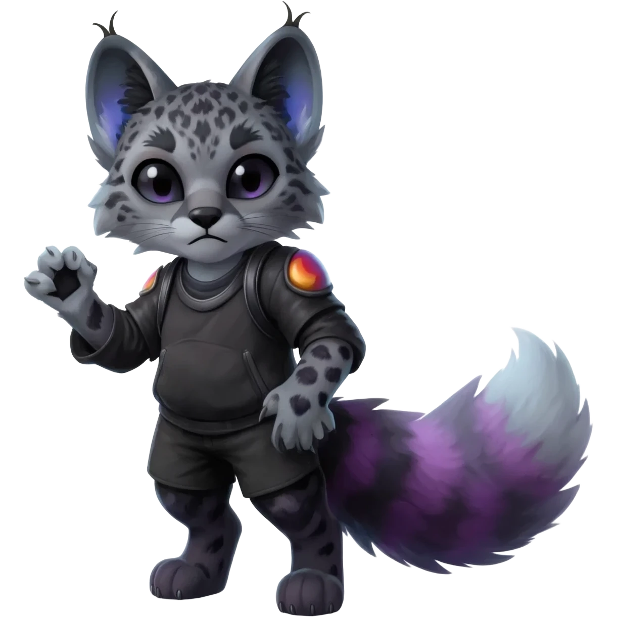 Colorful dark black gloomy spooky pointy foggy smoky points-marked glorious hyper-realistic exotic cute cool beautiful beautiful fantasy-caracal-civet-genet-sergal-vernid-Cacomistle-Trico-oncilla-animal-Fakémon-hybrid-fursona (full body) emoji