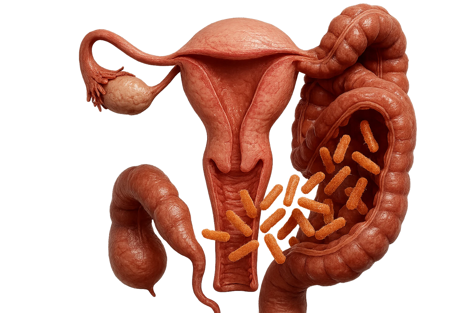 UTERO UMANO E INTESTINO ANATOMICI REALISTICO CON BATTERI CHE ESCONO DALL'INTERNO, IPERREALISTICO 4K emoji