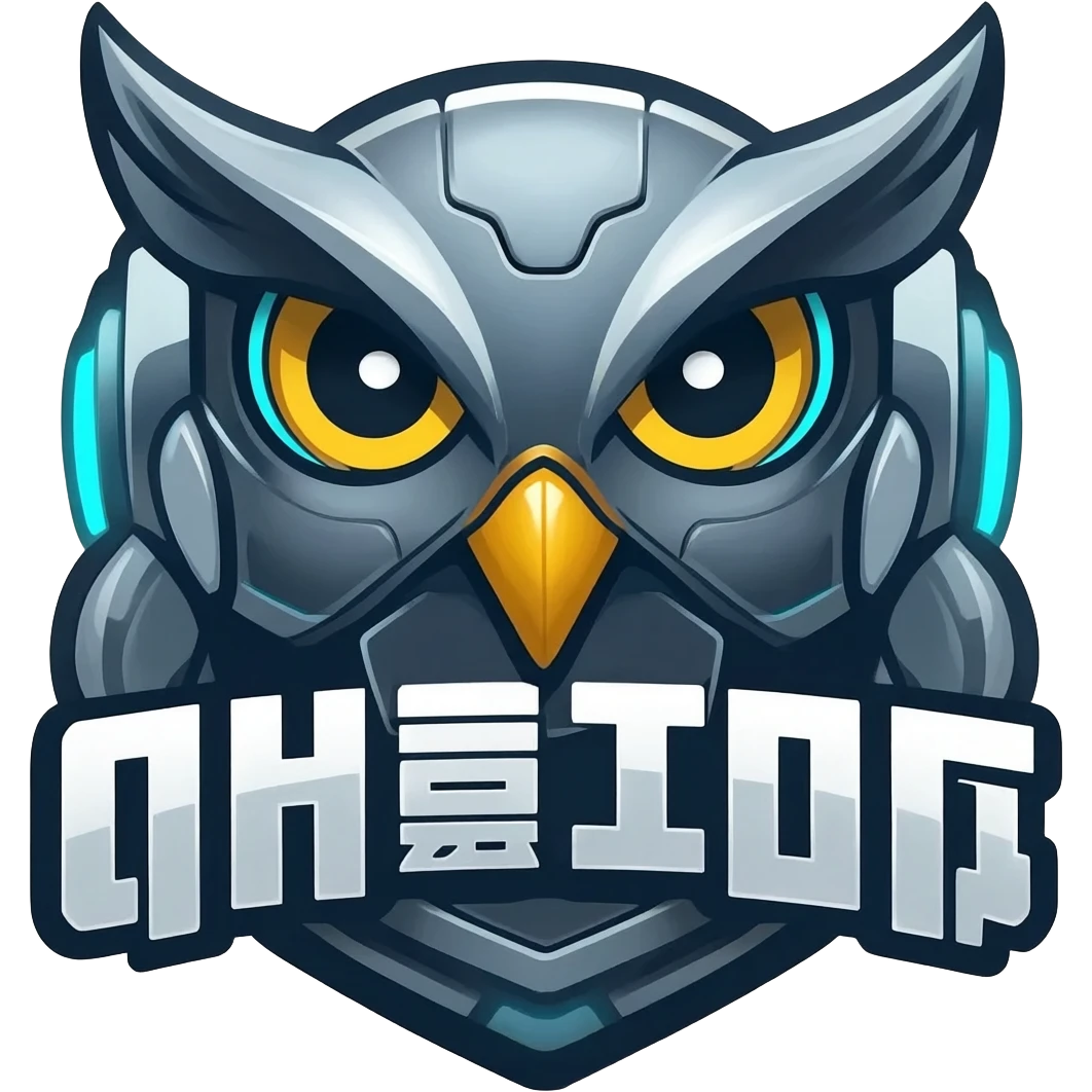 Mascot logo of a robotic owl, cartoonish but sleek, with tech-themed elements emoji