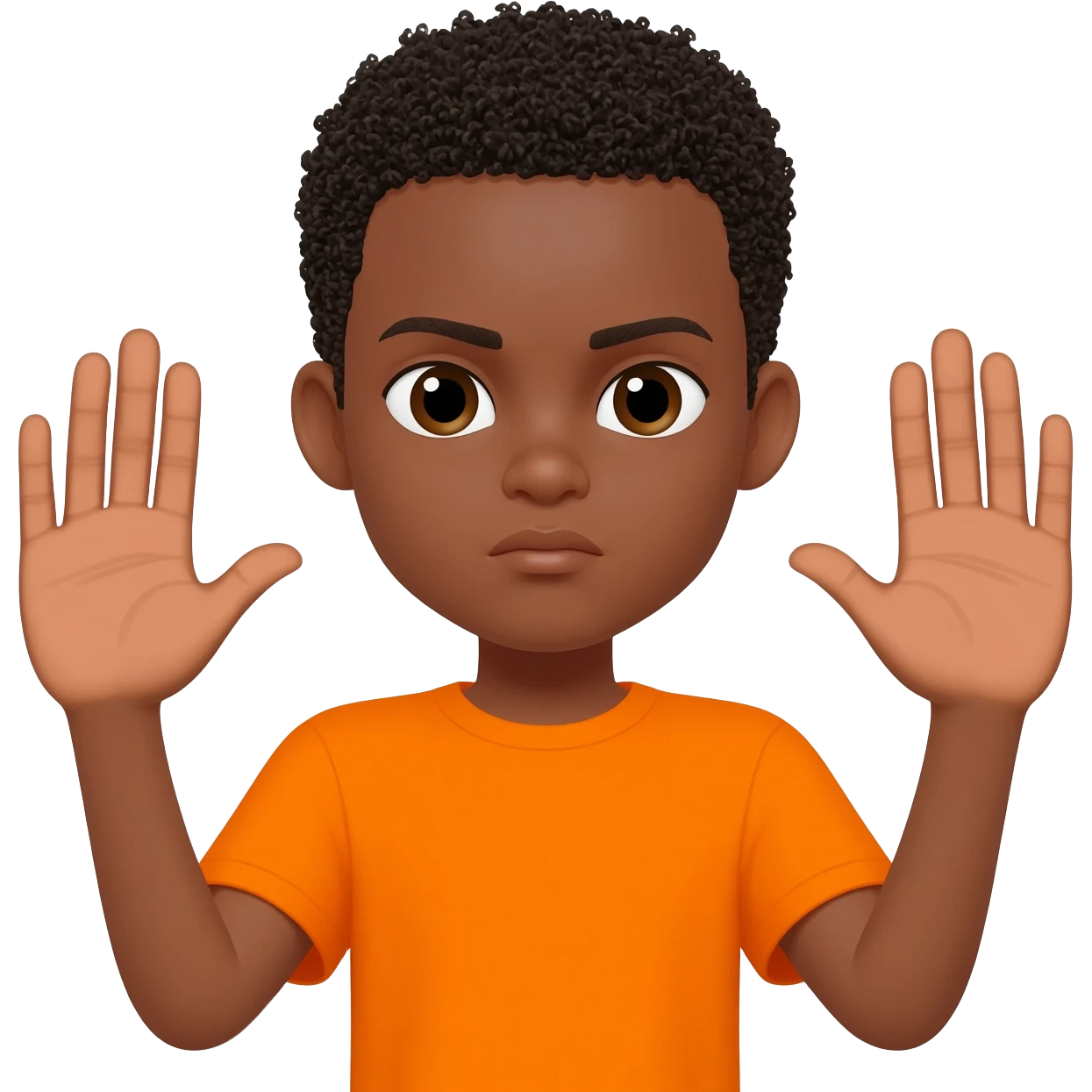 black boy curly hair orange shirt stop hands up serious face emoji